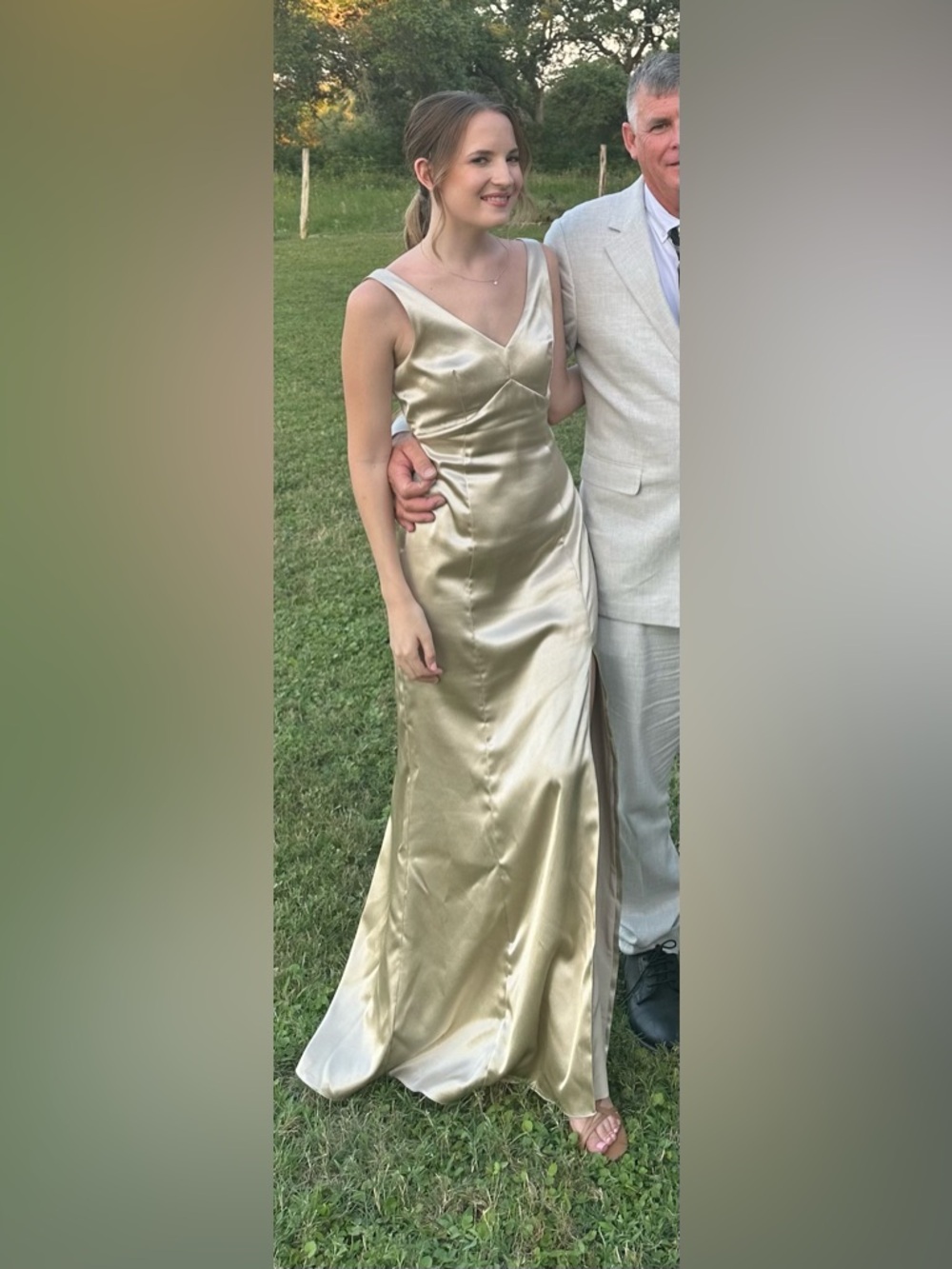 Champagne Birdy Grey Satin Maxi Gown Size XS